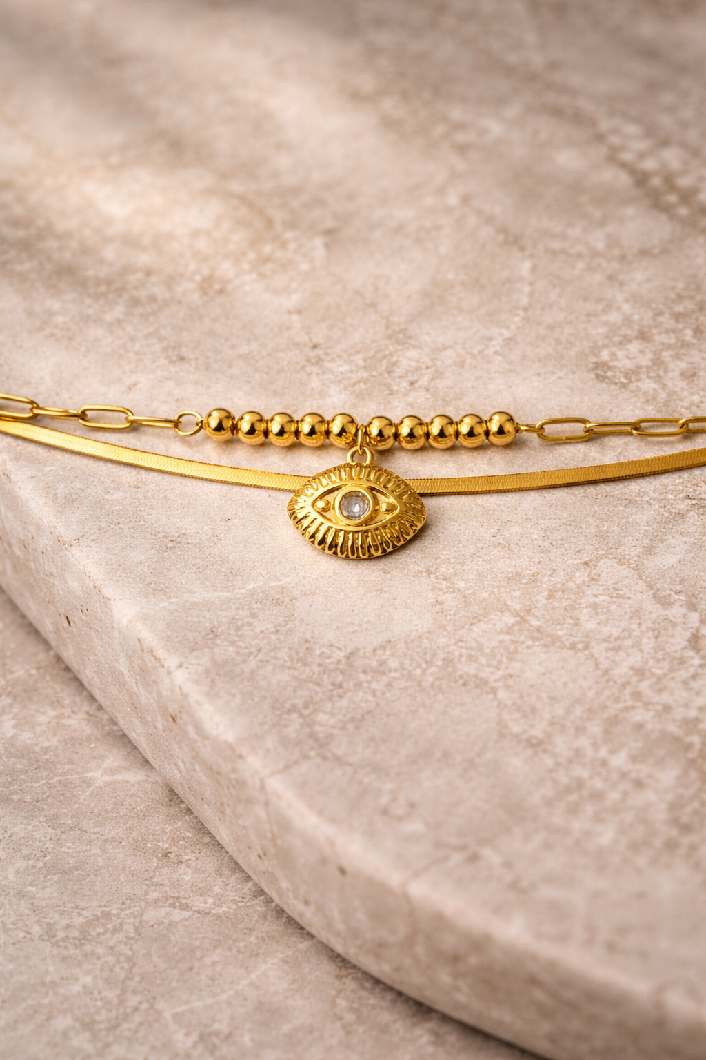 Minimal Gold Evil Eye Layered Bracelet