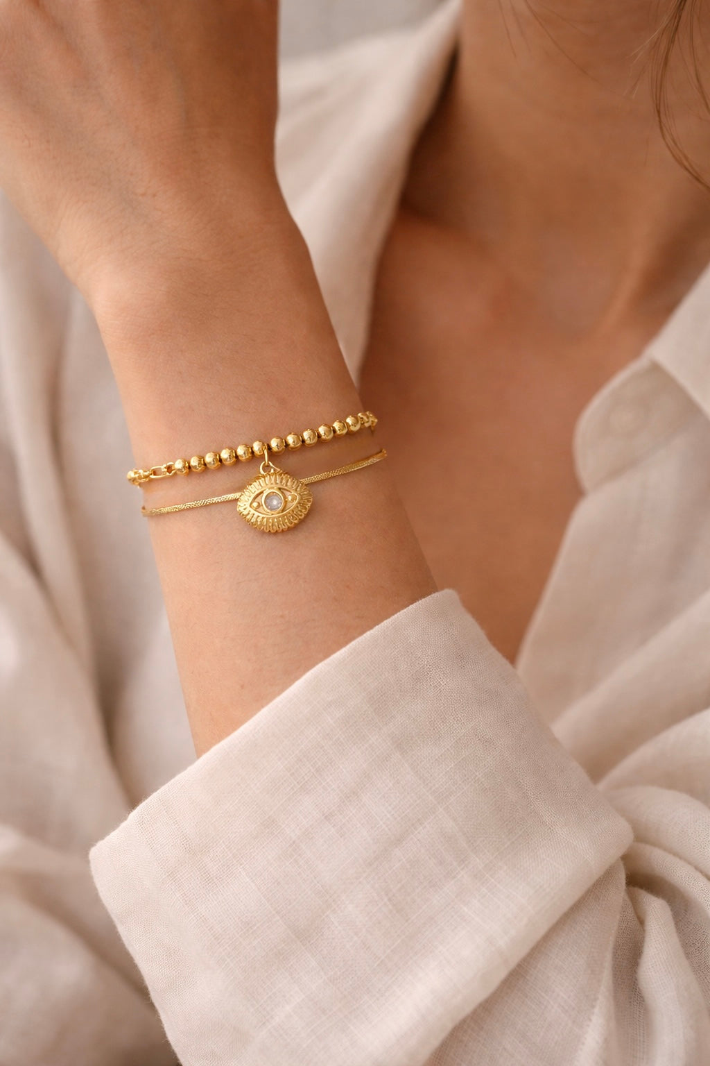 Minimal Gold Evil Eye Layered Bracelet