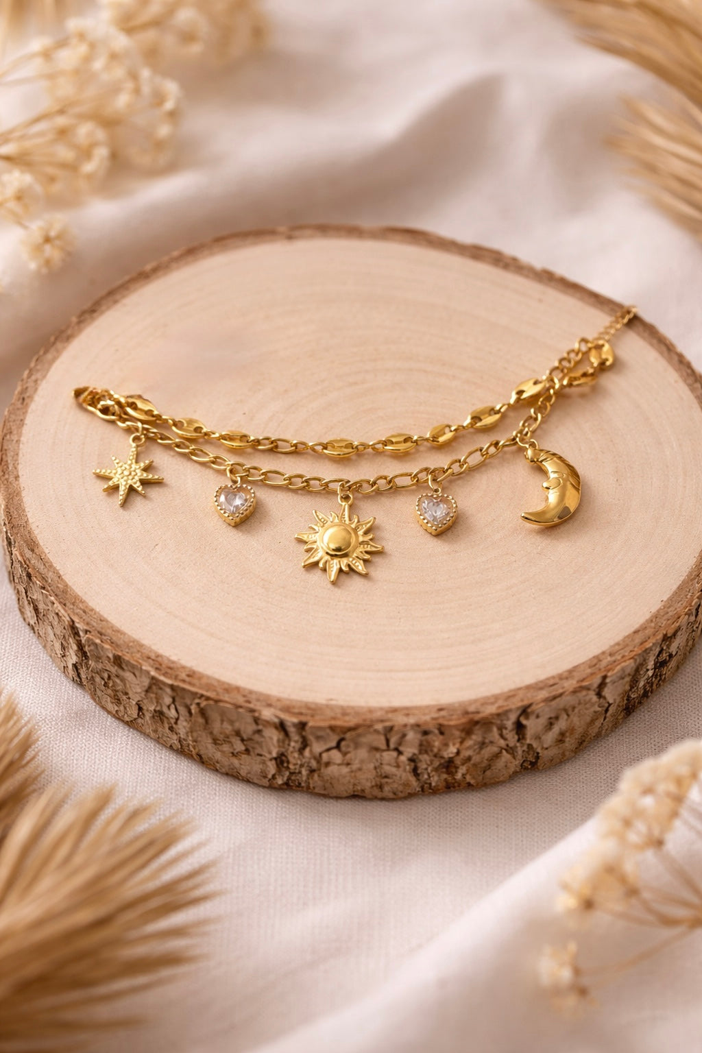 Chunky Gold Sun Charm Layered Bracelet